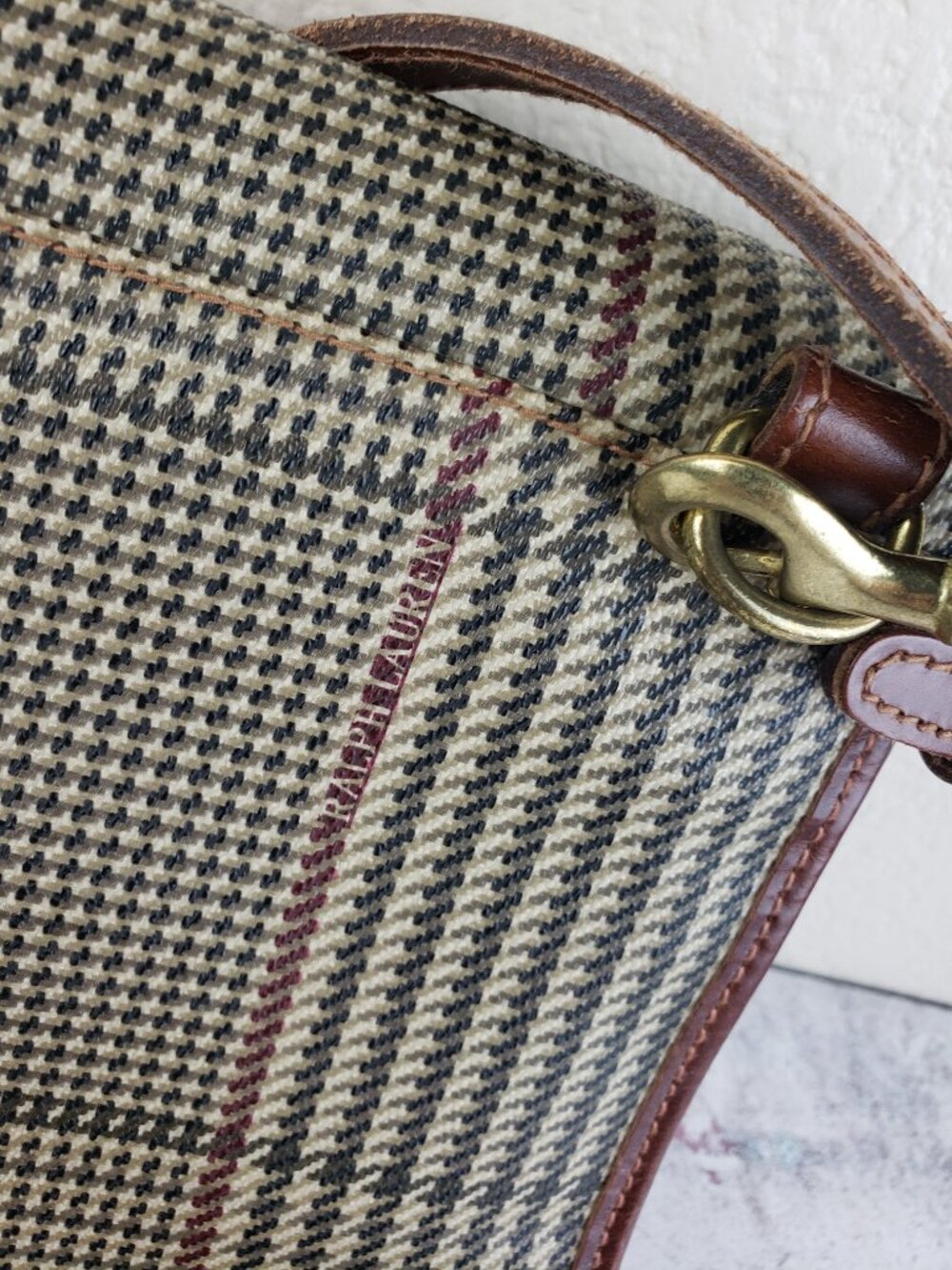 Vintage POLO Ralph Lauren Shoulder Bag Houndstooth Plaid Coated Canvas Leather - Picture 11 of 15